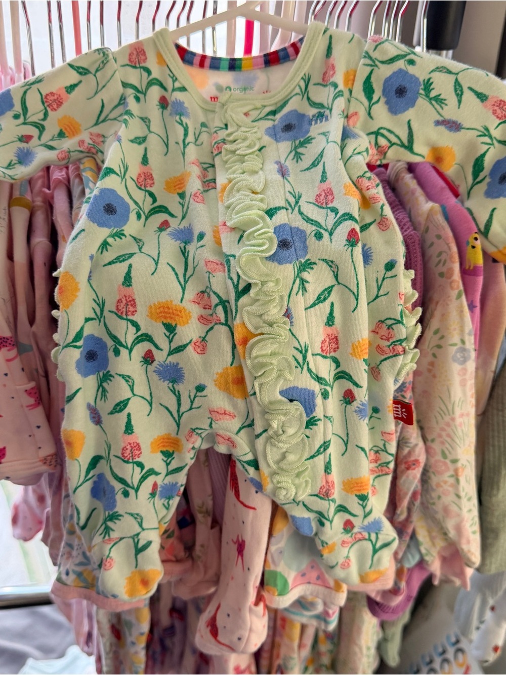 Magnetic Me Organic cotton Green Floral ruffle footie